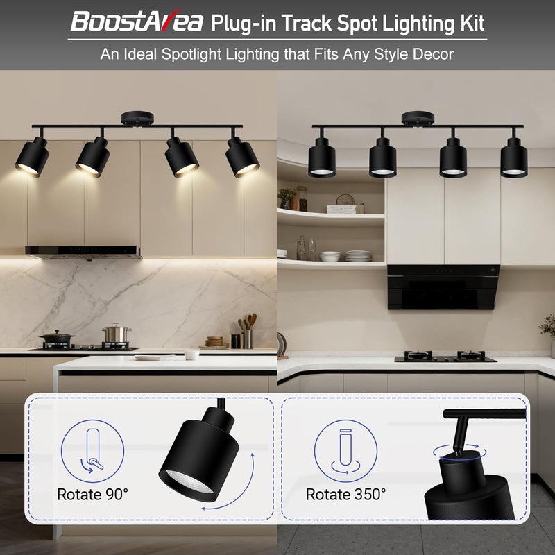 BoostArea Store 4-Light Led Track Lighting,Black Ceiling Lighting Fixtures,Wall Sconces Ceiling Spotlight with Foldable Light Arms for Kitchen, Closet, Bedroom,GU10 Socket, Bulbs Not Included - Image 2